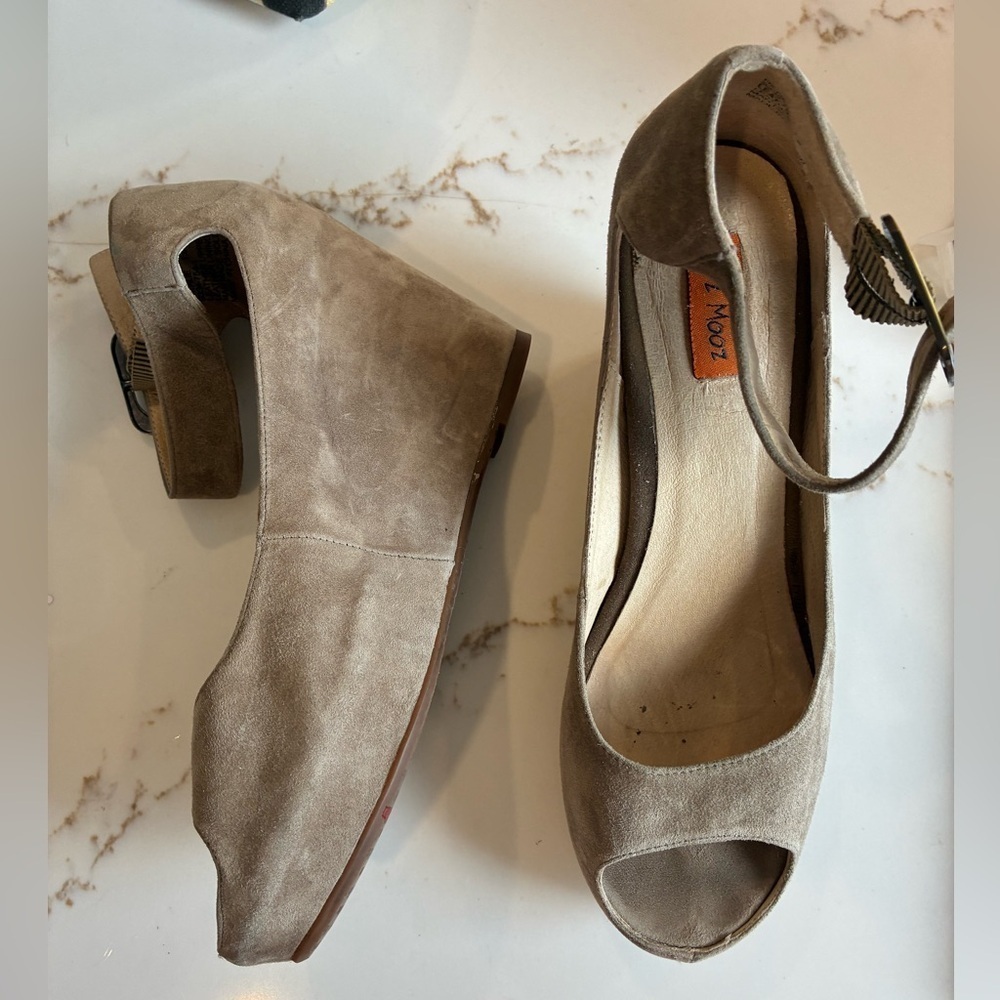 Miz Mooz open toe suede ankle strap wedges size 7.5